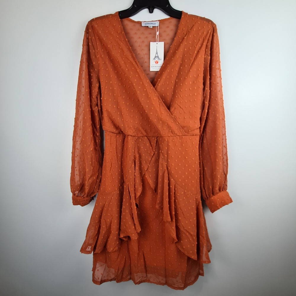 Aooksmery Womens Rust Orange Swiss Dot Wrap V-Neck Ruffle Mini Dress Large NWT
